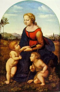 Raffaello: Madonna con il bambino e San Giovannino, tecnica ad olio su tavola, anno 1507-08, dimensioni 122 x 80 cm, Louvre, Parigi.